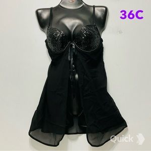 36C - New Black Mesh Sequins Flyaway Babydoll